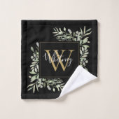 Personalisiert Black Gold Monogram Greenery Floral Badhandtuch Set (Waschlappen)