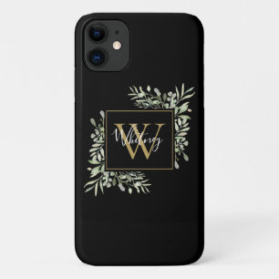 Personalisiert Black Gold Monogram Greenery Floral Case-Mate iPhone Hülle