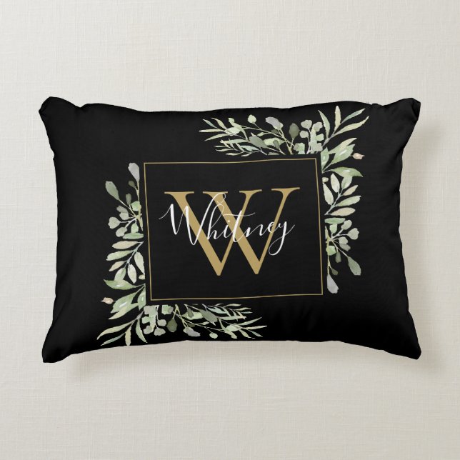 Personalisiert Black Gold Monogram Greenery Floral Dekokissen (Vorderseite)