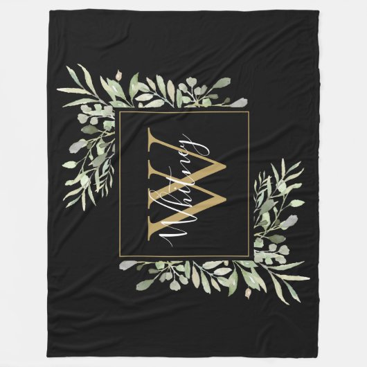 Personalisiert Black Gold Monogram Greenery Floral Fleecedecke (Vorderseite)