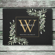 Personalisiert Black Gold Monogram Greenery Floral