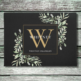 Personalisiert Black Gold Monogram Greenery Floral Fußmatte