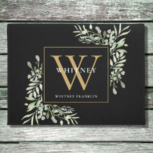 Personalisiert Black Gold Monogram Greenery Floral Fußmatte