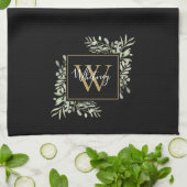 Personalisiert Black Gold Monogram Greenery Floral Geschirrtuch (Gefaltet)