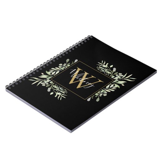 Personalisiert Black Gold Monogram Greenery Floral Notizblock (Linke Seite)