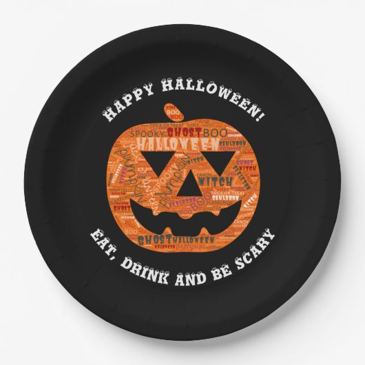 Personalisiert Black Halloween Pumpkin Word Cloud Pappteller (Vorderseite)