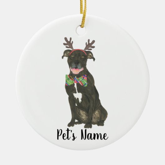 Personalisiert Black Pitbull Staffy Antlers Bowtie Keramik Ornament (Vorne)