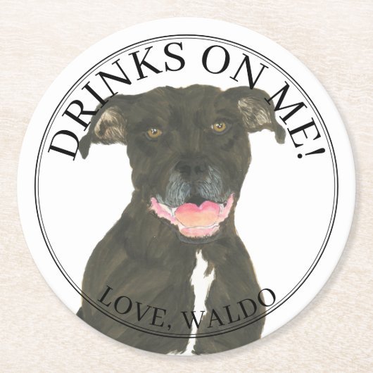 Personalisiert Black Pitbull Staffy Dog Wedding Runder Pappuntersetzer (Vorderseite)