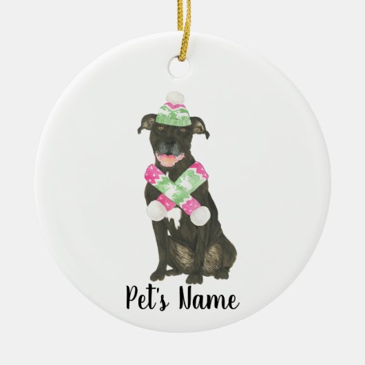 Personalisiert Black Pitbull Staffy Pink Green Hat Keramik Ornament (Vorne)