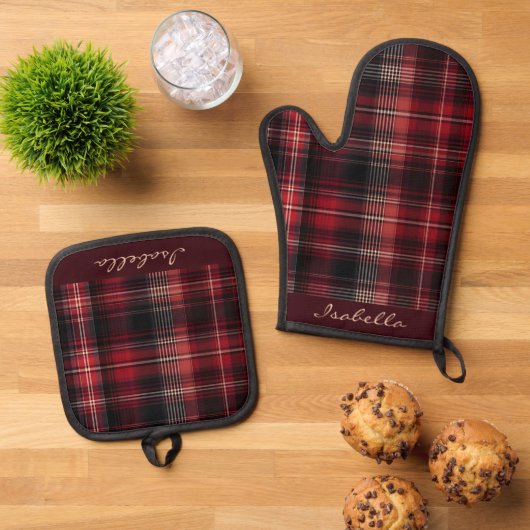 Personalisiert Black Red White Scottish Tartan Ofenhandschuh & Topflappen-Set (Oben Unten)