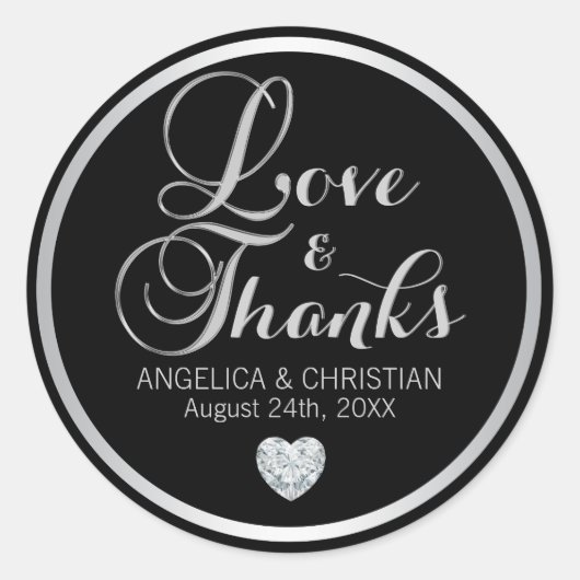 Personalisiert Black Silver LIEBE & DANKS Wedding Runder Aufkleber (Vorderseite)