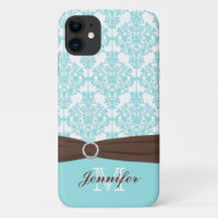 Personalisiert Blau, braun, weißer Damast iPhone 1