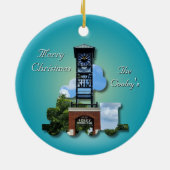 Personalisiert (blau) Foley-Uhr-Turm und -Zug Keramik Ornament (Hinten)