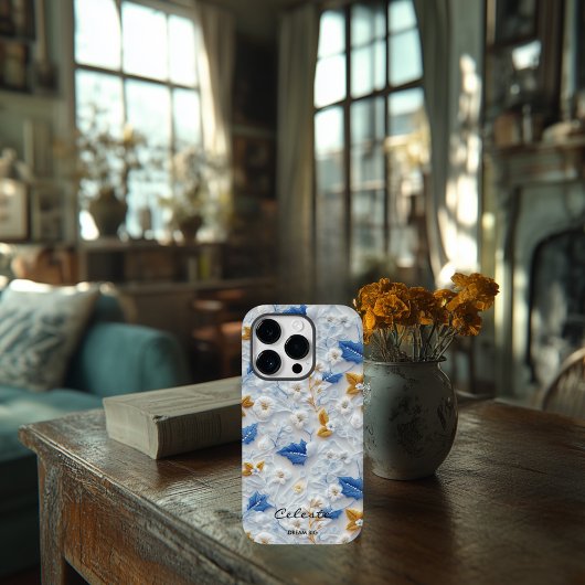 Personalisiert Blau und Gold bestickt mit Floral Case-Mate iPhone Hülle