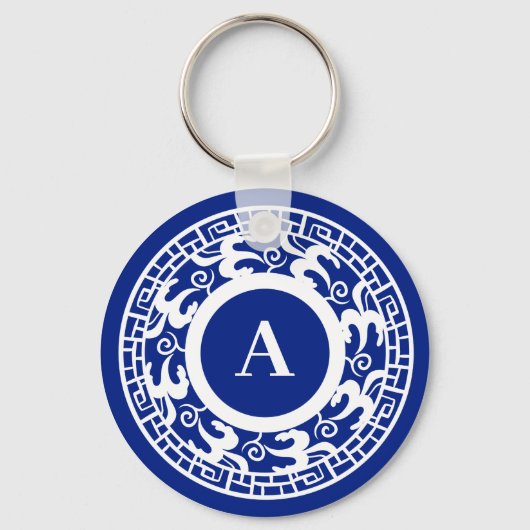 Personalisiert Blau Weiß Chinoiserie Chic Monogram Schlüsselanhänger (Vorderseite)