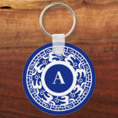 Personalisiert Blau Weiß Chinoiserie Chic Monogram Schlüsselanhänger (Rückseite)