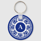 Personalisiert Blau Weiß Chinoiserie Chic Monogram Schlüsselanhänger (Rückseite)