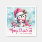 Personalisiert Blue and Pink Pinguin Frohe Weihnac Serviette (Vorderseite)