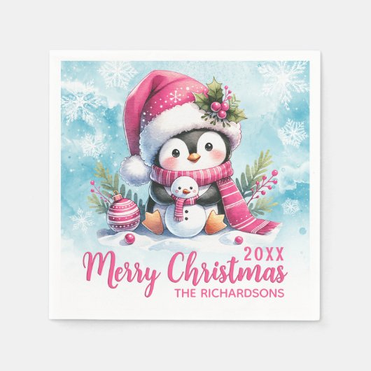 Personalisiert Blue and Pink Pinguin Frohe Weihnac Serviette (Vorderseite)