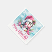Personalisiert Blue and Pink Pinguin Frohe Weihnac Serviette (Ecke)