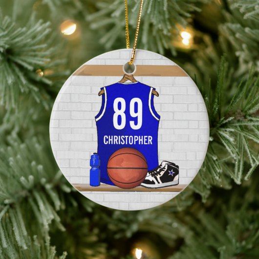 Personalisiert Blue Basketball Jersey Keramikornament (Baum)