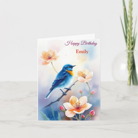 Personalisiert Blue Bird Blume Wasserfarbe Geburts Karte (Vorderseite)