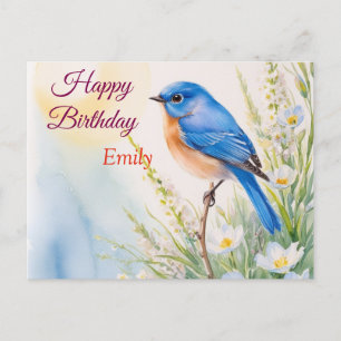 Personalisiert Blue Bird Blume Wasserfarbe Geburts Postkarte
