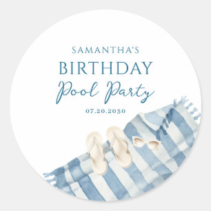 Personalisiert Blue Birthday Pool Party Runder Aufkleber