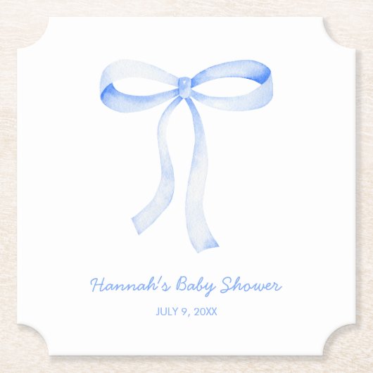 Personalisiert Blue Bow Baby Dusche Wasserfarbe Untersetzer (Vorderseite)