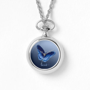Personalisiert Blue Butterfly Necklace Watch Armbanduhr