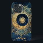 Personalisiert Blue Celestial Gold Sun Moon Mandal Case-Mate iPhone Hülle<br><div class="desc">Personalisiert Blue Celestial Gold Sun Moon Mandala iPhone 13 Fall Fügen Sie Ihren Namen oder den Namen der Person, die Sie geben zu diesem wunderschönen Handy Fall! Dieses trendige marineblau-farbene Design im Hintergrund ist mit einer Metallgoldmandala in Form einer Blume-Sonne mit einer kleinen Sonne in der Mitte ausgestattet. Wir nutzten...</div>