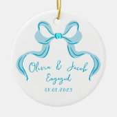 Personalisiert Blue Coquette Bow Foto Verlobt Keramik Ornament (Vorne)