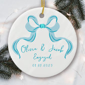 Personalisiert Blue Coquette Bow Foto Verlobt Keramik Ornament