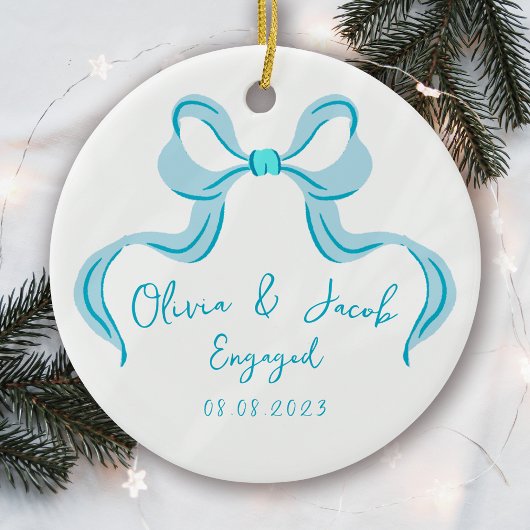 Personalisiert Blue Coquette Bow Foto Verlobt Keramik Ornament