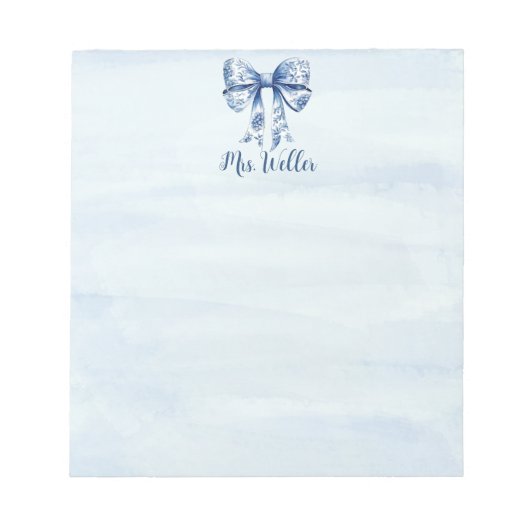 Personalisiert Blue Coquette Bow New Teacher Notizblock (Vorderseite)