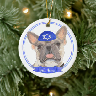 Personalisiert Blue Fawn Tricolor Frenchie Hanukka Keramik Ornament