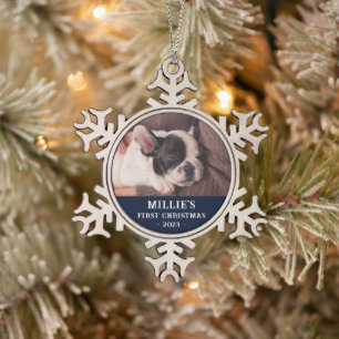 Personalisiert Blue First Christmas Puppy Foto Schneeflocken Zinn-Ornament