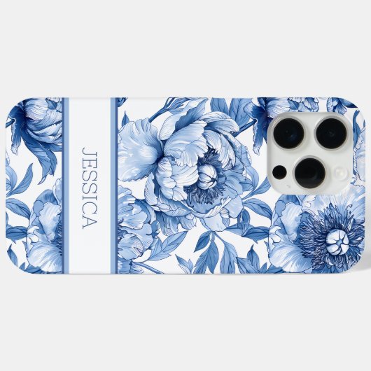 Personalisiert Blue Floral Chinoiserie Blume Name Case-Mate iPhone Hülle (Rückseite (Horizontal))