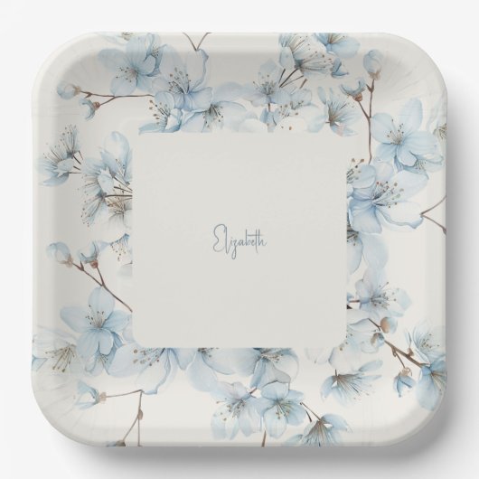Personalisiert Blue Floral Cream Baby Dusche Pappteller (Vorderseite)