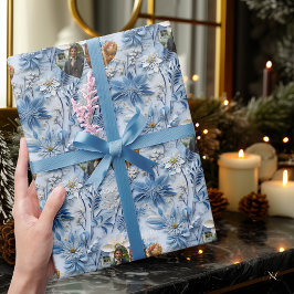 Personalisiert Blue Floral mit Fotos und Namen Geschenkpapier