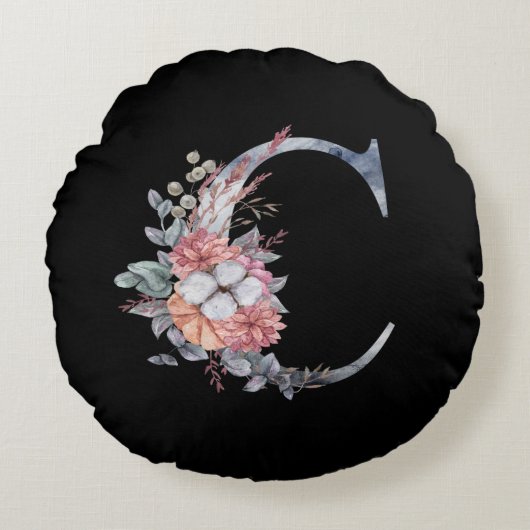 Personalisiert Blue Floral Monogram C Rundes Kissen (Vorderseite)