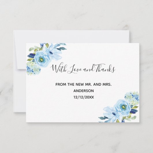 Personalisiert Blue Floral Wedding Dankeschön Kart Dankeskarte (Vorderseite)