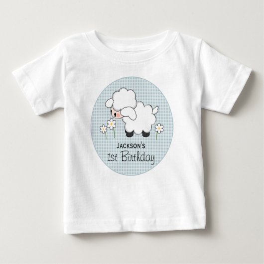 Personalisiert Blue Gingham Lamb Geburtstag Baby T-shirt (Vorderseite)