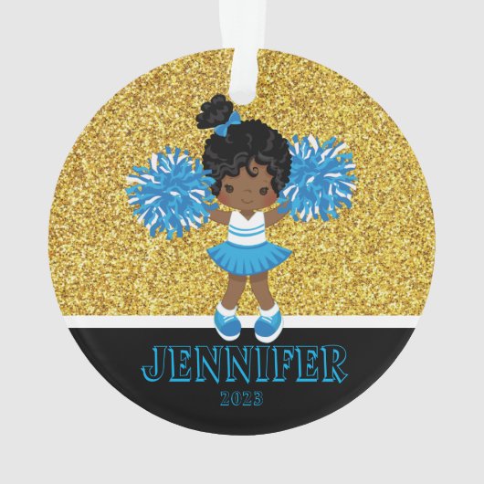 Personalisiert Blue & Gold Cheerleader Ornament (Rückseite)