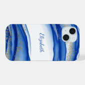 Personalisiert Blue Gold Weiße Tinte Swirt Wasserf iPhone 15 Hülle (Rückseite (Horizontal))
