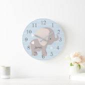 Personalisiert-Blue-Graue-Elephant-Kinderzimmer-Wa Große Wanduhr (Zuhause)