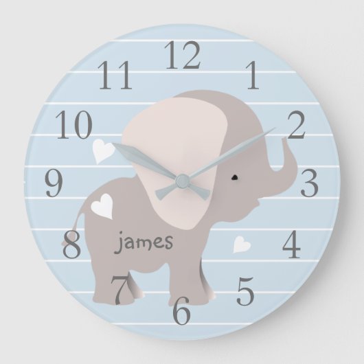 Personalisiert-Blue-Graue-Elephant-Kinderzimmer-Wa Große Wanduhr (Vorderseite)