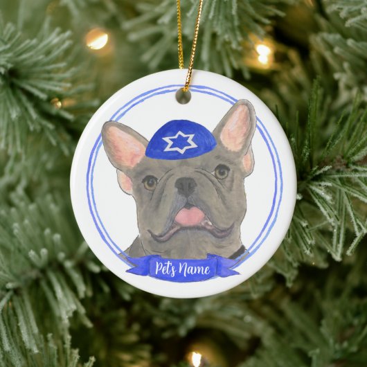 Personalisiert Blue Gray Frenchie Hanukkah Keramik Ornament (Baum)