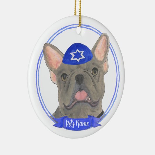 Personalisiert Blue Gray Frenchie Hanukkah Keramik Ornament (Rechts)