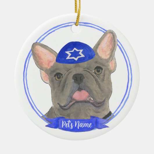Personalisiert Blue Gray Frenchie Hanukkah Keramik Ornament (Vorne)